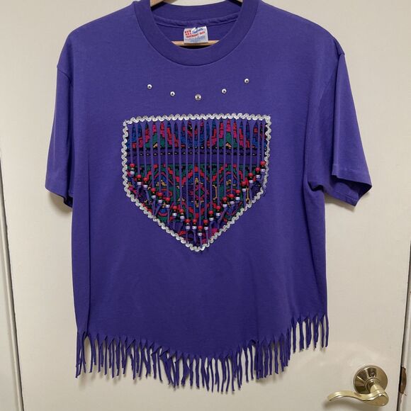 Vintage Handmade Southwest Tassel Beaded Top Purple Cowgirl Single Stitch USA L - Picture 1 of 6